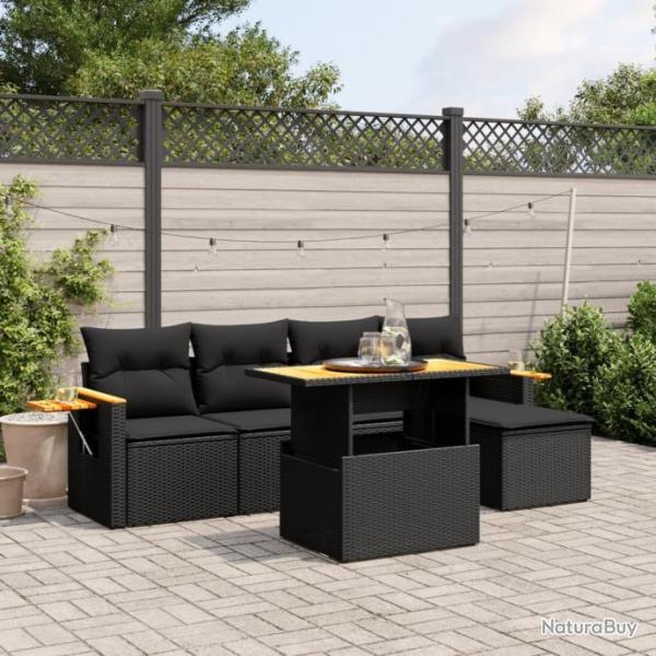 Salon de jardin 6 pcs avec coussins noir rsine tresse