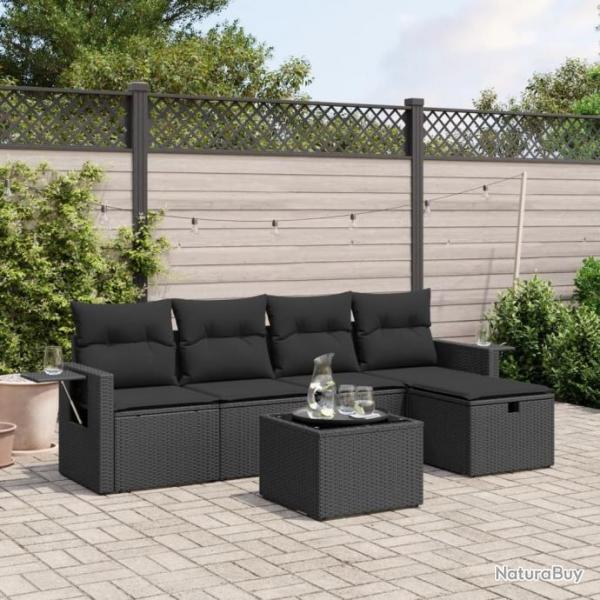 Salon de jardin 6 pcs avec coussins noir rsine tresse