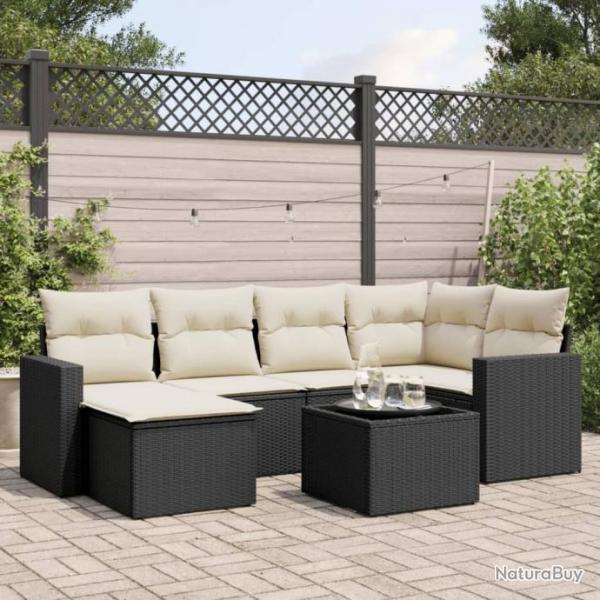 Salon de jardin 7 pcs avec coussins noir rsine tresse