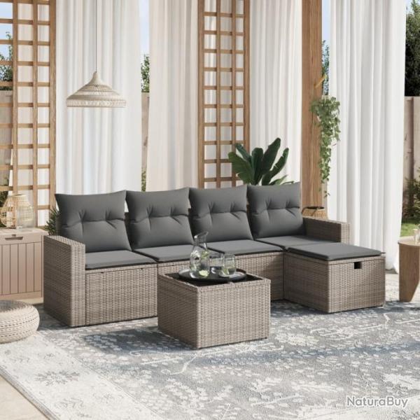 Salon de jardin 6 pcs avec coussins gris rsine tresse