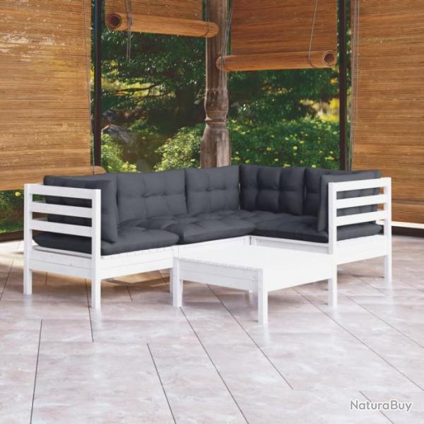 Salon de jardin 5 pcs avec coussins blanc bois de pin