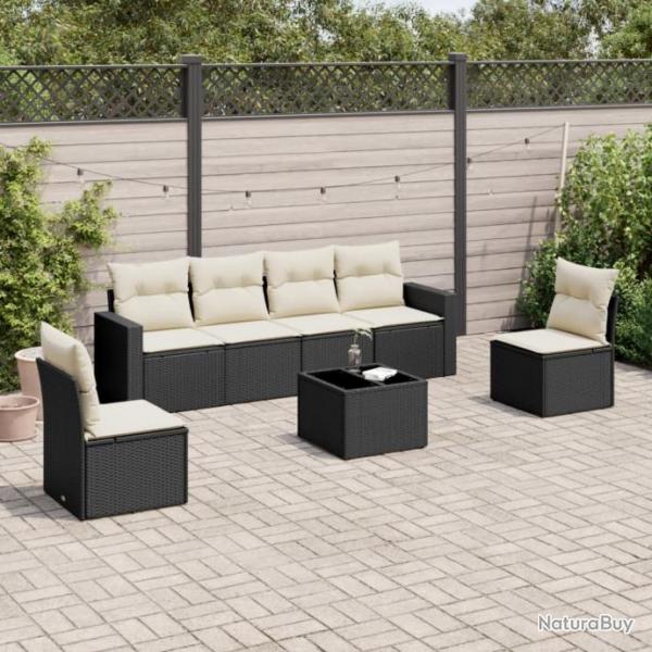 Salon de jardin 7 pcs avec coussins noir rsine tresse