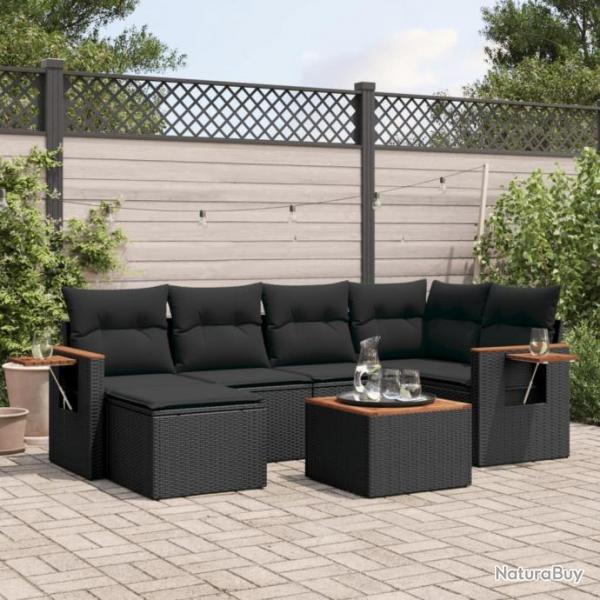 Salon de jardin 7 pcs avec coussins noir rsine tresse