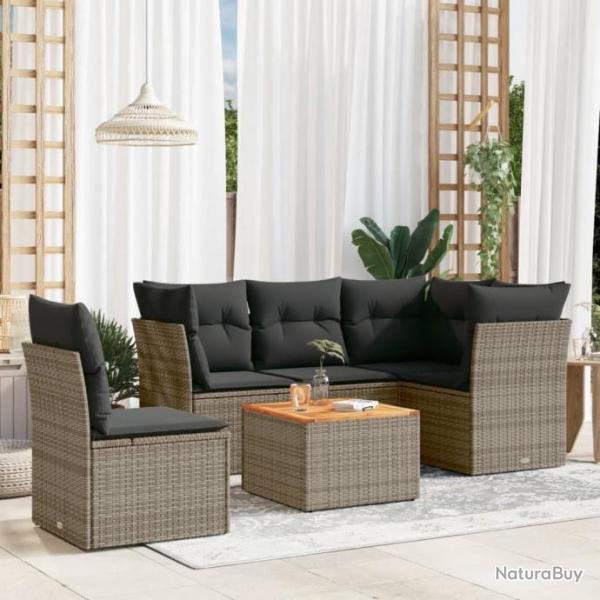 Salon de jardin 6 pcs avec coussins gris rsine tresse