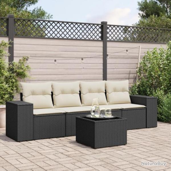 Salon de jardin 5 pcs avec coussins noir rsine tresse