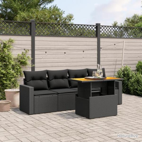 Salon de jardin 5 pcs avec coussins noir rsine tresse