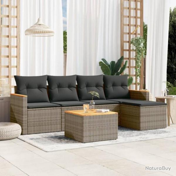 Salon de jardin 6 pcs avec coussins gris rsine tresse