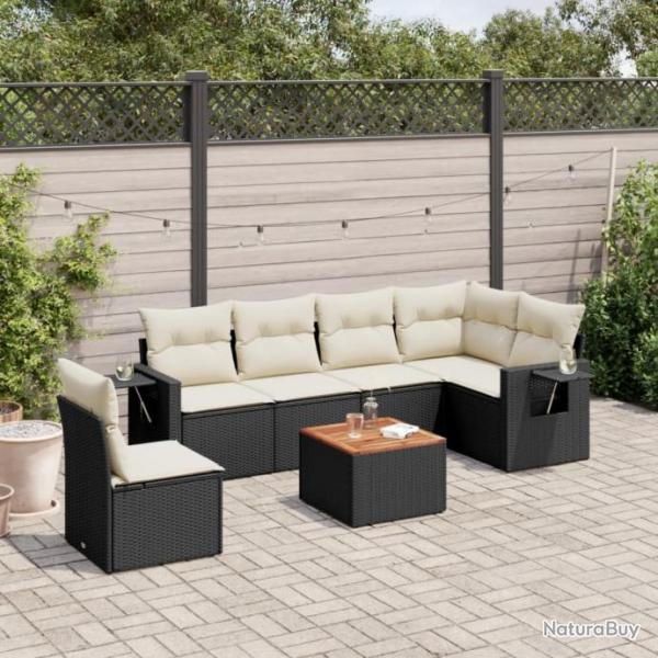 Salon de jardin 7 pcs avec coussins noir rsine tresse