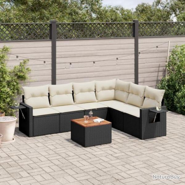 Salon de jardin 7 pcs avec coussins noir rsine tresse