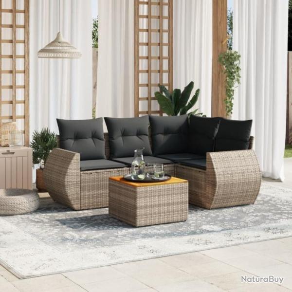 Salon de jardin 5 pcs avec coussins gris rsine tresse