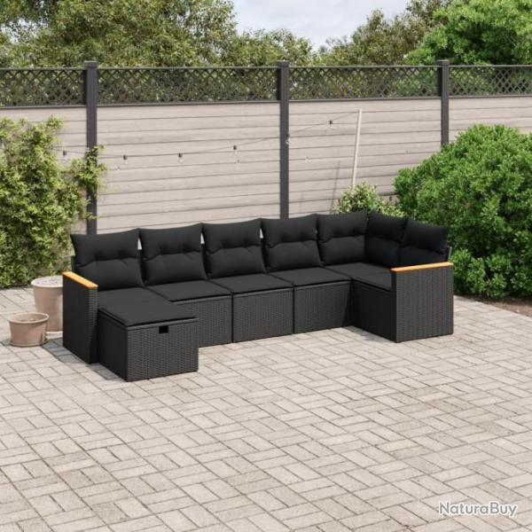 Salon de jardin 7 pcs avec coussins noir rsine tresse