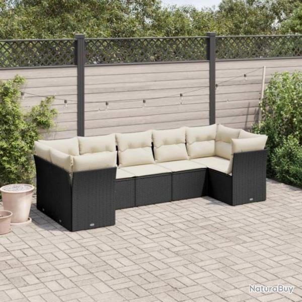 Salon de jardin 7 pcs avec coussins noir rsine tresse