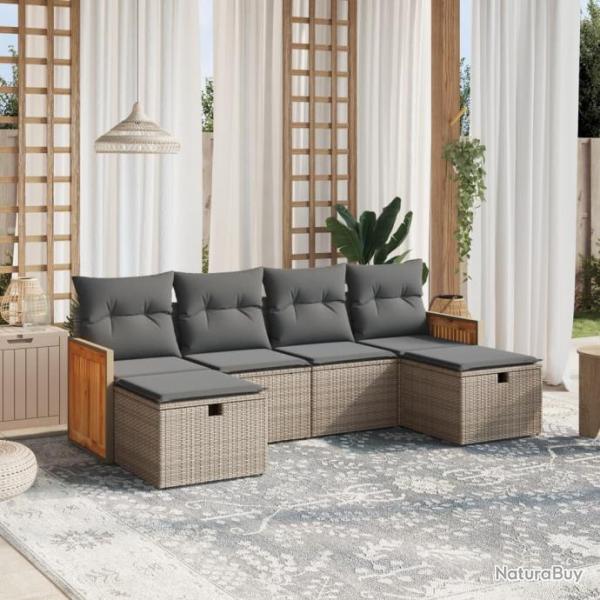 Salon de jardin 6 pcs avec coussins gris rsine tresse