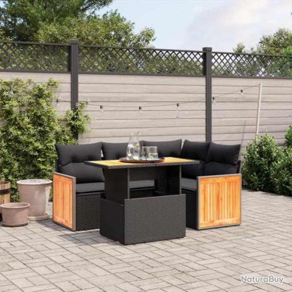 Salon de jardin 5 pcs avec coussins noir rsine tresse