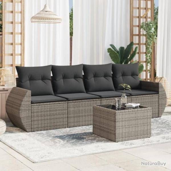 Salon de jardin 5 pcs avec coussins gris rsine tresse