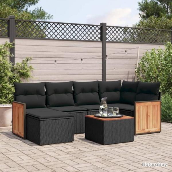 Salon de jardin 7 pcs avec coussins noir rsine tresse