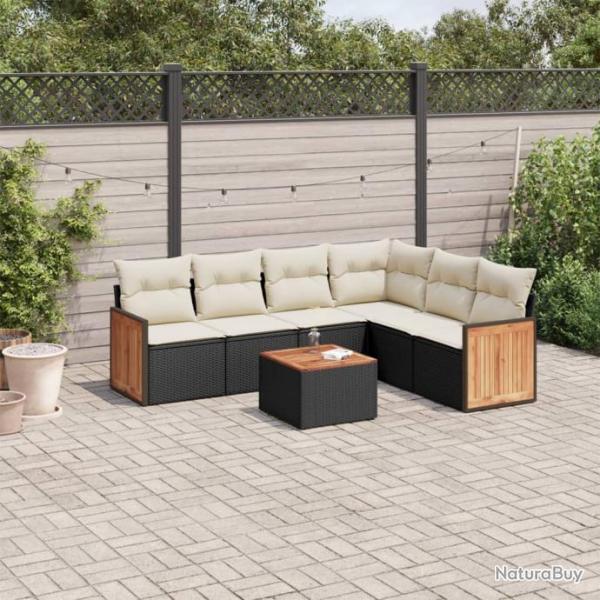 Salon de jardin 7 pcs avec coussins noir rsine tresse