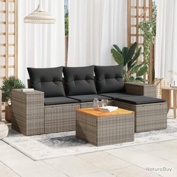 Salon de jardin 5 pcs avec coussins gris rsine tresse