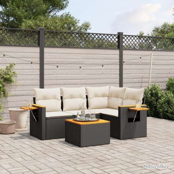 Salon de jardin 5 pcs avec coussins noir rsine tresse