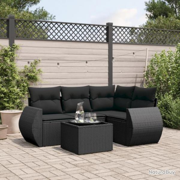 Salon de jardin 5 pcs avec coussins noir rsine tresse