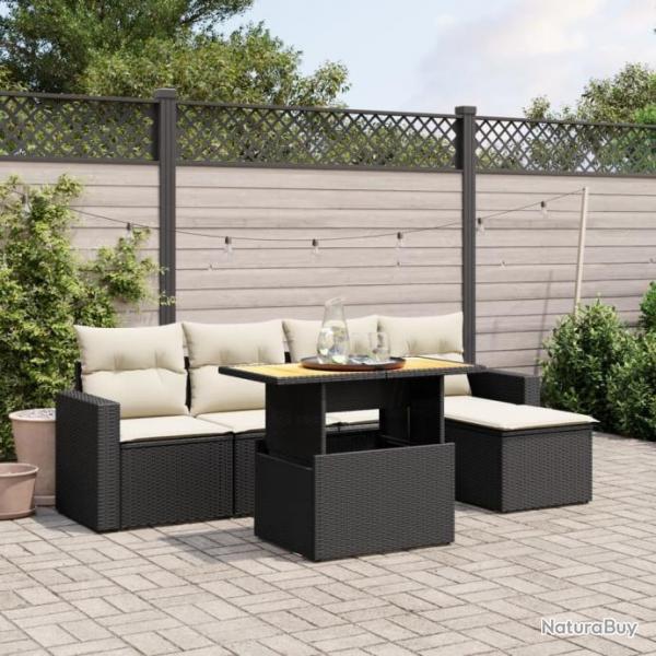 Salon de jardin 6 pcs avec coussins noir rsine tresse