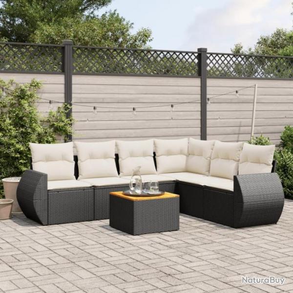 Salon de jardin 7 pcs avec coussins noir rsine tresse