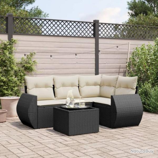 Salon de jardin 5 pcs avec coussins noir rsine tresse