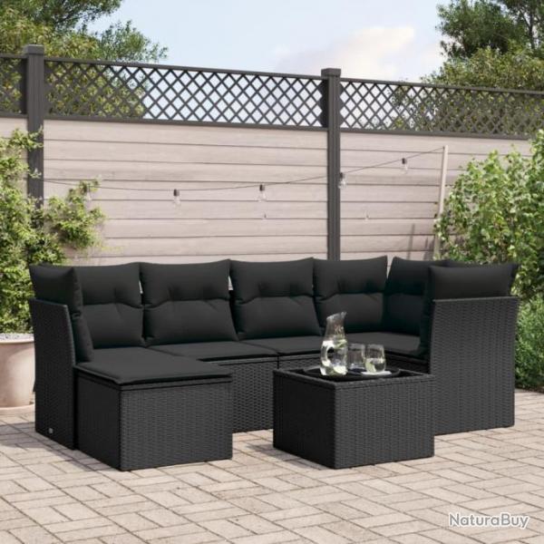 Salon de jardin 7 pcs avec coussins noir rsine tresse