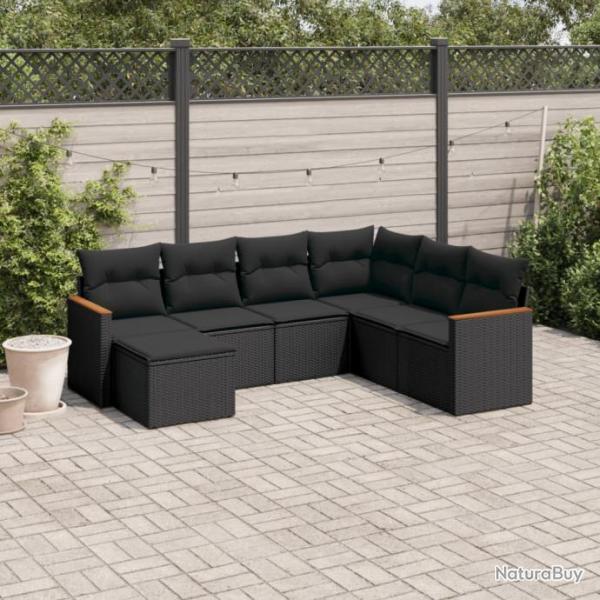 Salon de jardin 7 pcs avec coussins noir rsine tresse