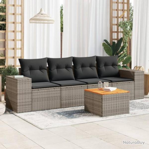 Salon de jardin 5 pcs avec coussins gris rsine tresse