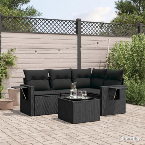 Salon de jardin 5 pcs avec coussins noir rsine tresse