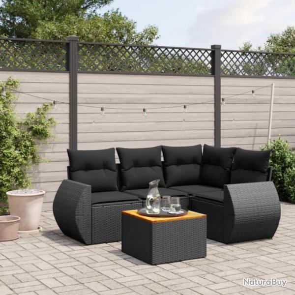 Salon de jardin 5 pcs avec coussins noir rsine tresse