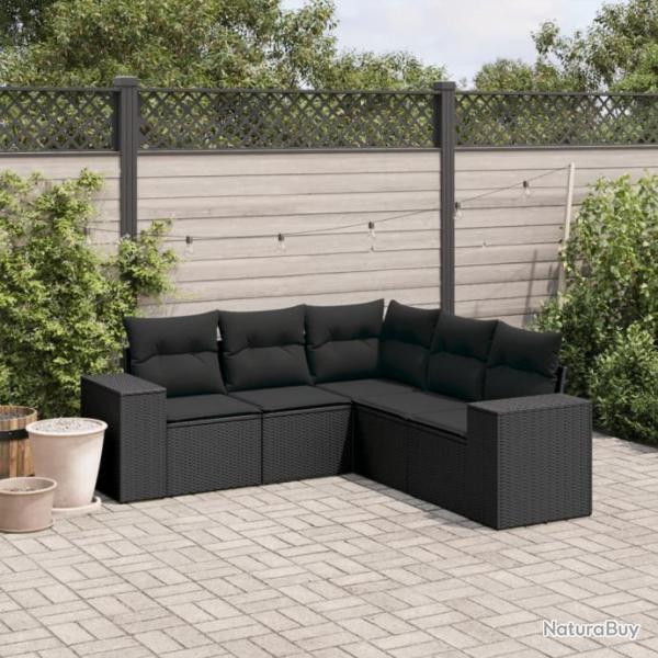 Salon de jardin 5 pcs avec coussins noir rsine tresse