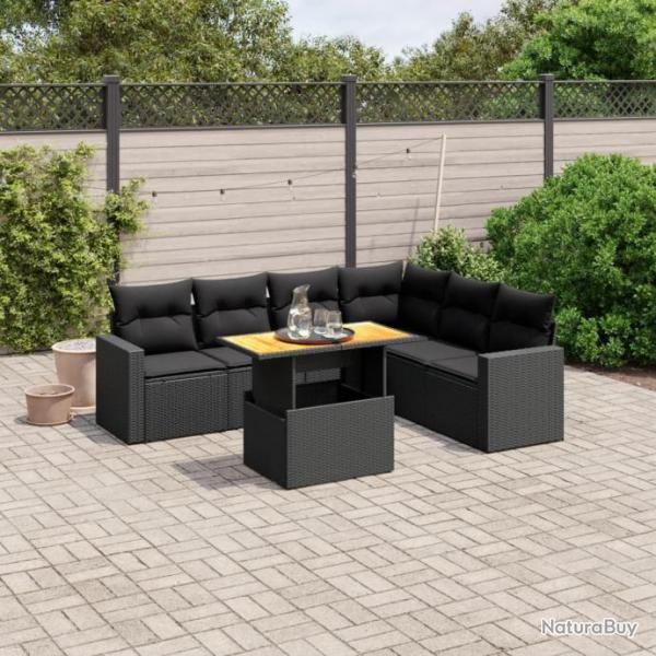 Salon de jardin 7 pcs avec coussins noir rsine tresse