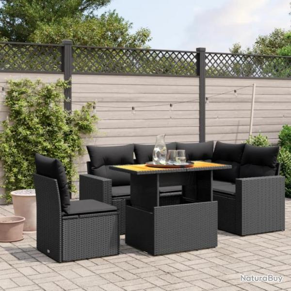 Salon de jardin 6 pcs avec coussins noir rsine tresse