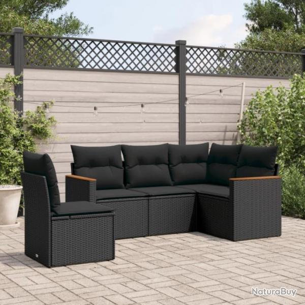 Salon de jardin 5 pcs avec coussins noir rsine tresse