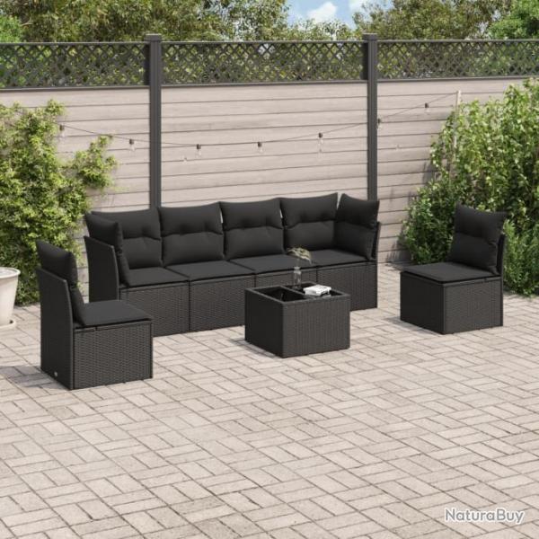 Salon de jardin 7 pcs avec coussins noir rsine tresse