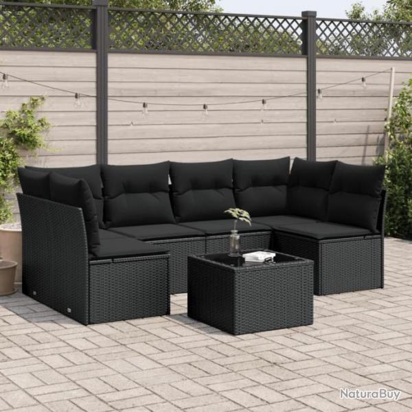 Salon de jardin 7 pcs avec coussins noir rsine tresse