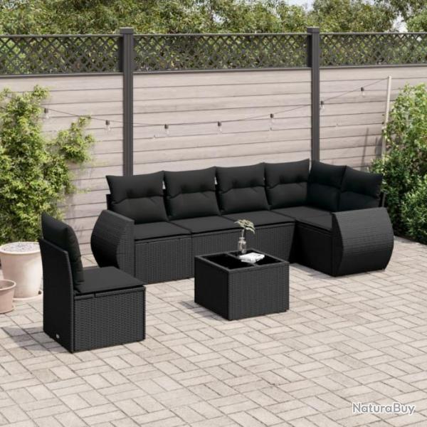 Salon de jardin 7 pcs avec coussins noir rsine tresse