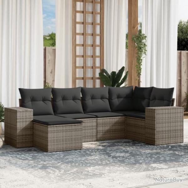 Salon de jardin 6 pcs avec coussins gris rsine tresse