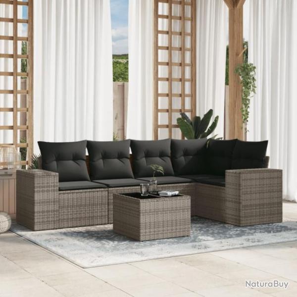 Salon de jardin 6 pcs avec coussins gris rsine tresse