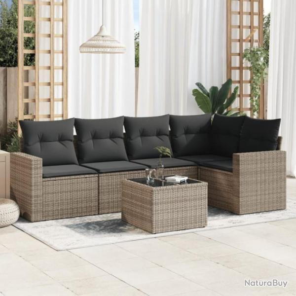 Salon de jardin 6 pcs avec coussins gris rsine tresse