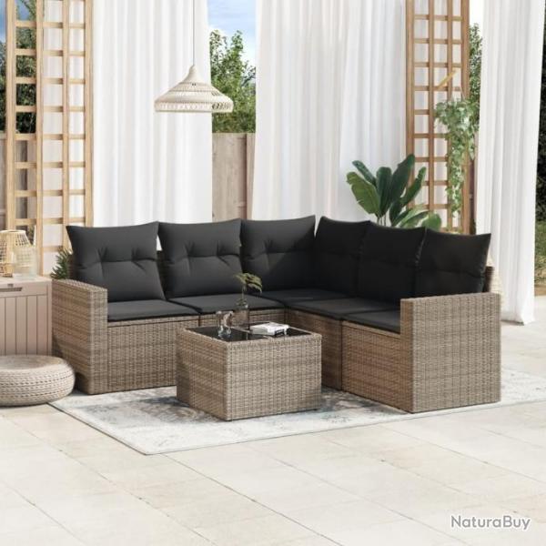 Salon de jardin 6 pcs avec coussins gris rsine tresse