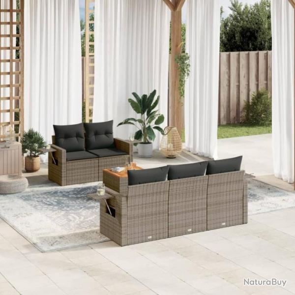 Salon de jardin 6 pcs avec coussins gris rsine tresse