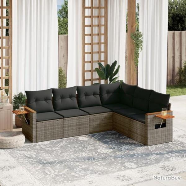 Salon de jardin 6 pcs avec coussins gris rsine tresse