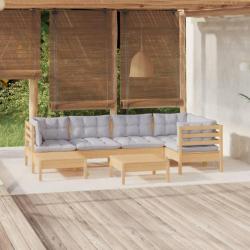 Salon de jardin 7 pcs avec coussins gris bois de pin massif