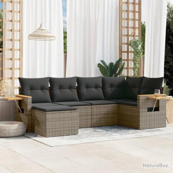 Salon de jardin 6 pcs avec coussins gris rsine tresse