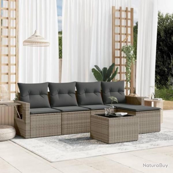 Salon de jardin 6 pcs avec coussins gris rsine tresse