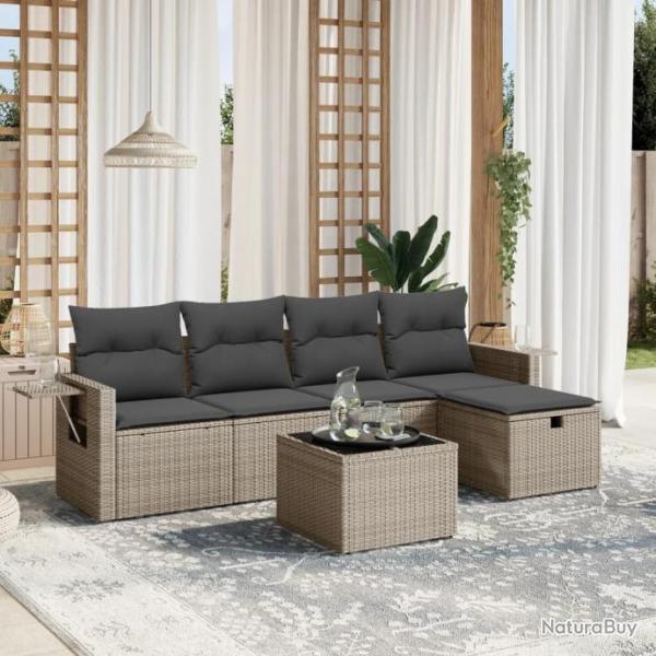 Salon de jardin 6 pcs avec coussins gris rsine tresse