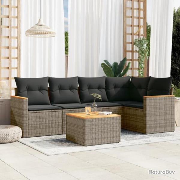 Salon de jardin 6 pcs avec coussins gris rsine tresse